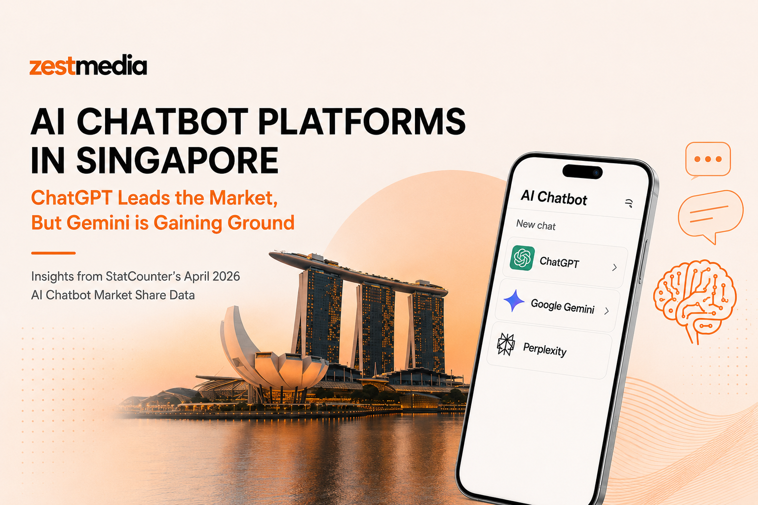 Comparison of AI chatbot platforms in Singapore showing ChatGPT, Google Gemini, and Perplexity referral market share trends based on April 2026 data.