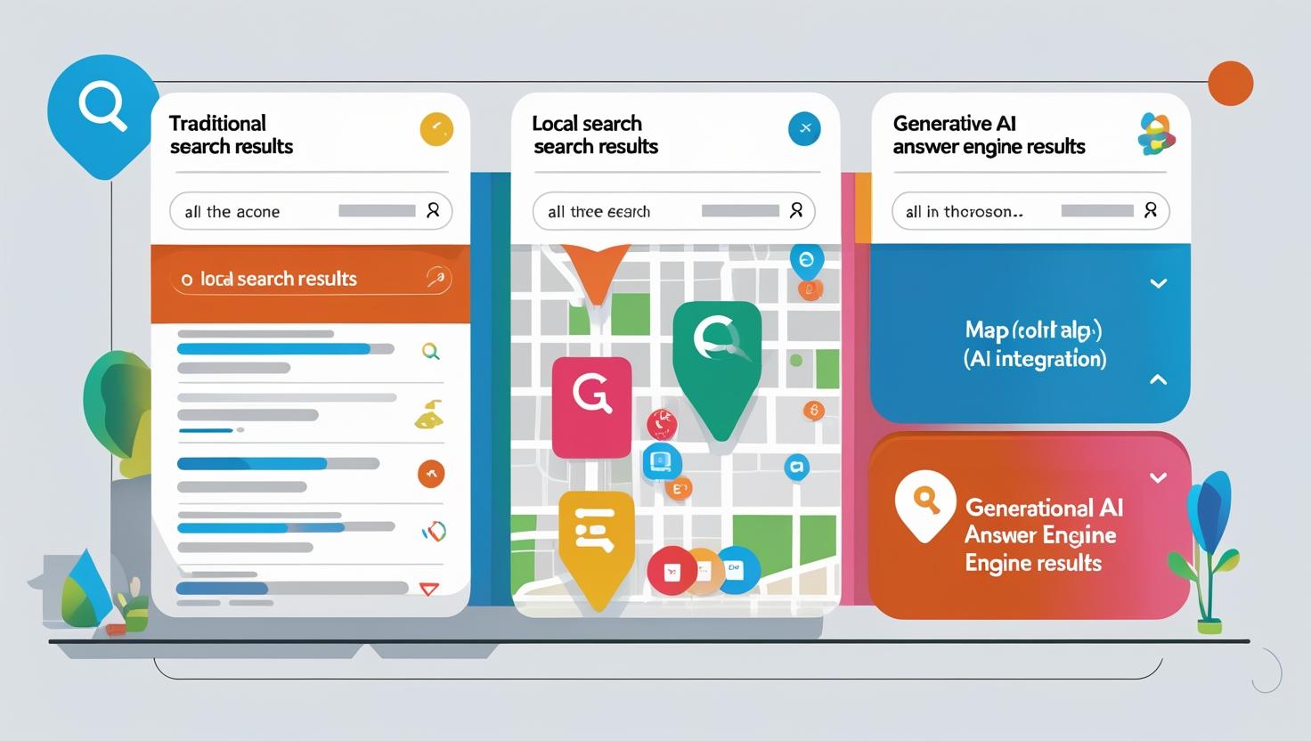 Graphic showing a brand's presence across traditional search, local search, and generative AI answer engines.